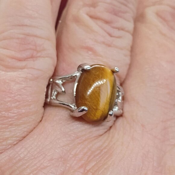 Oval Tiger Eye Ring Silver Leaf Setting Size 6.5 - Picture 4 of 9